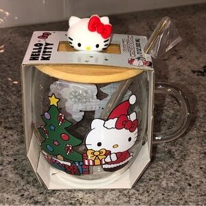 ✨NWT✨ LAST ONE‼️Ltd Edition Hello Kitty Glass Mug W/ Wood Lid & Spoon Christmas